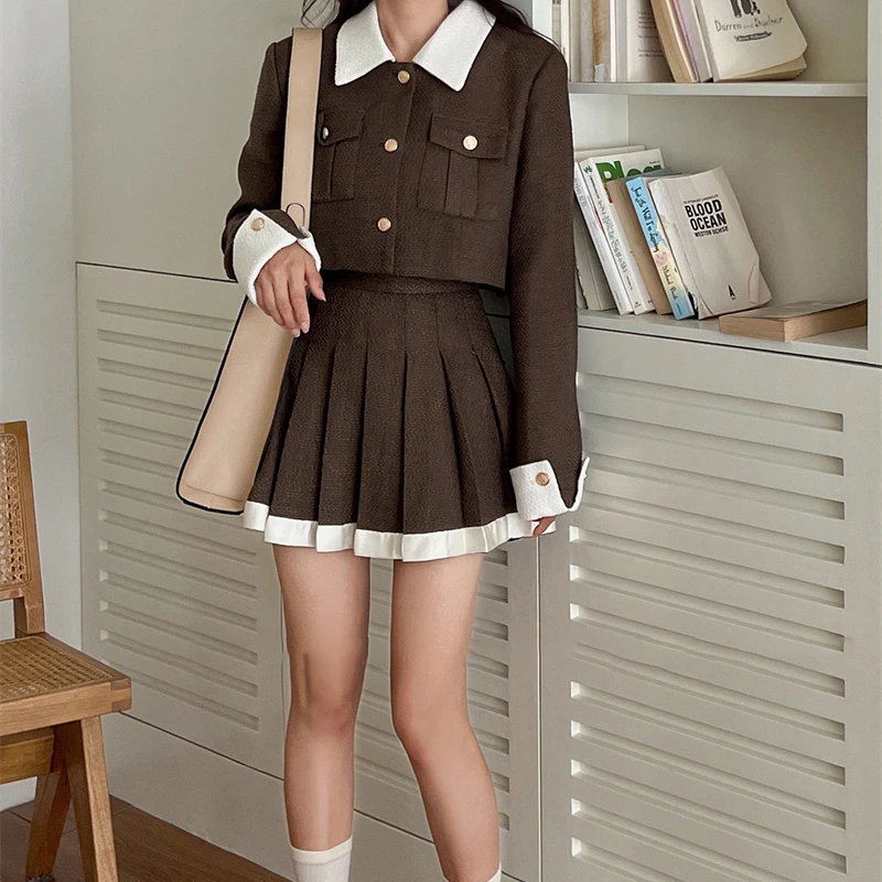 Dress Sets Women Short Coats Mini Skirts Pleated Panelled Empire Elegant Temperament Chic Female Fall Winter Aesthetic Literary