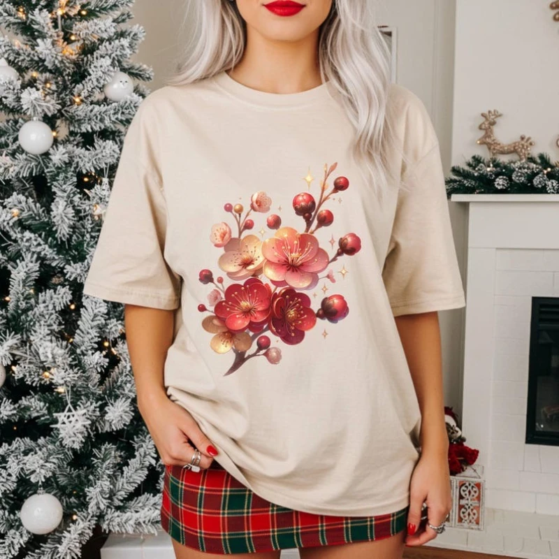 Chinese Plum Blossom Sublimation Red and Gold Asian Flowers Clipart Spring Festival Floral Art Year of The Horse Design Shirt