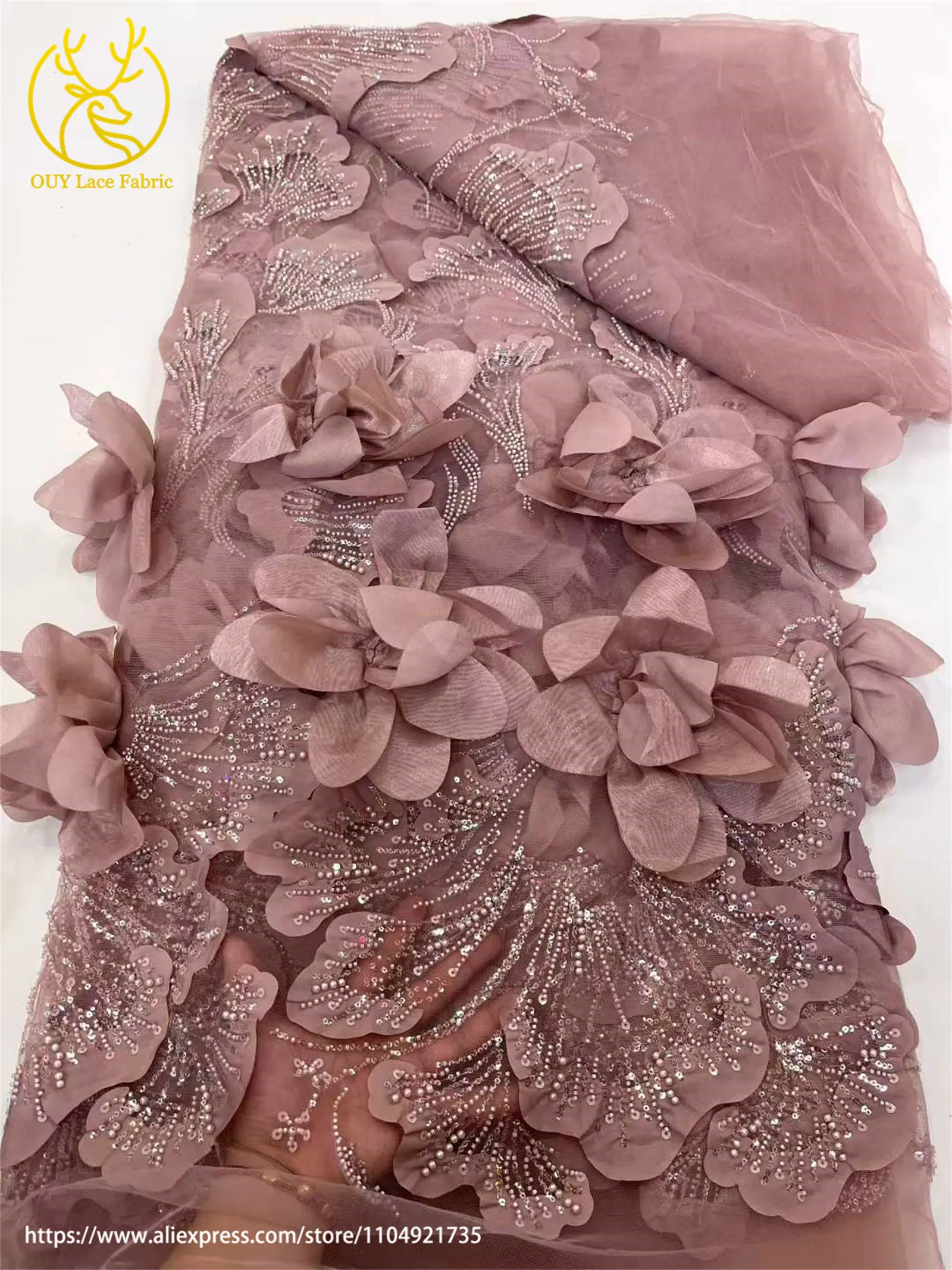 3D Blumenmuster Afrikanischer Braut-Spitzenstoff 2026 Neueste Französische Nigerianische Pailletten-Spitze für Brautkleider und Hochzeitsmode – Detail 10