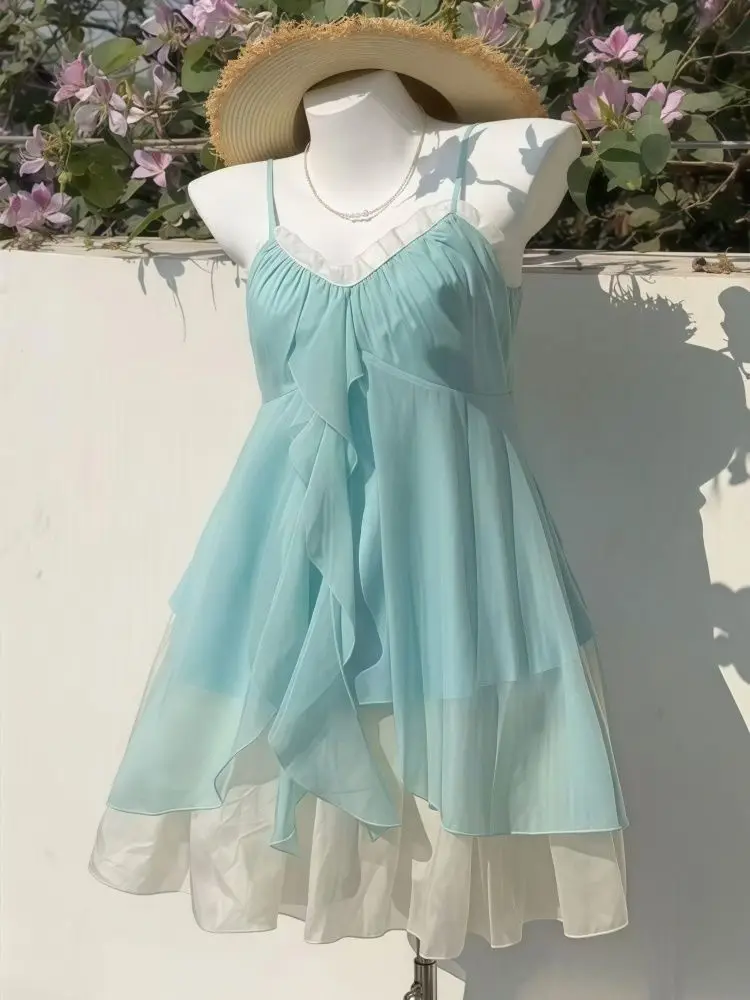 

Женское летнее милое милое платье без рукавов для пляжного отдыха, элегантное пышное платье Y2k, повседневное цельное платье, японский модный шик