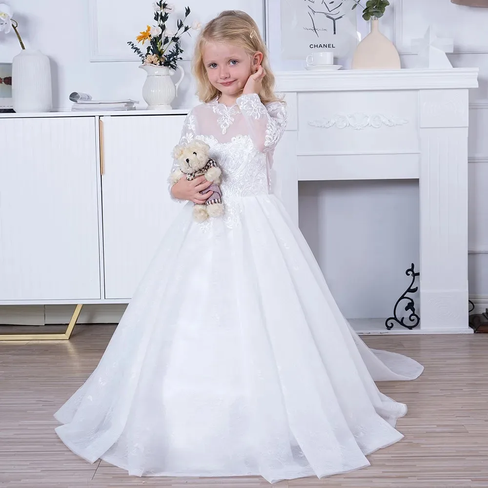 

Customized Ivory Illusion Lace Appliques O-Neck White Little Bridesmaid Dresses Long Sleeves Flower Girl Dress Bow Tulle Train