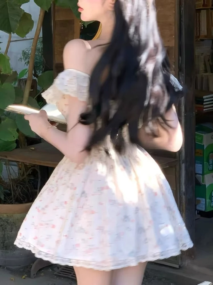 Francese Vintage Elegante Floreale Vestito Sottile Delle Donne di Estate Y2k Dolce Puro Desiderio Slash Neck Abiti Corti Harajuku Moda Nuovo 2025