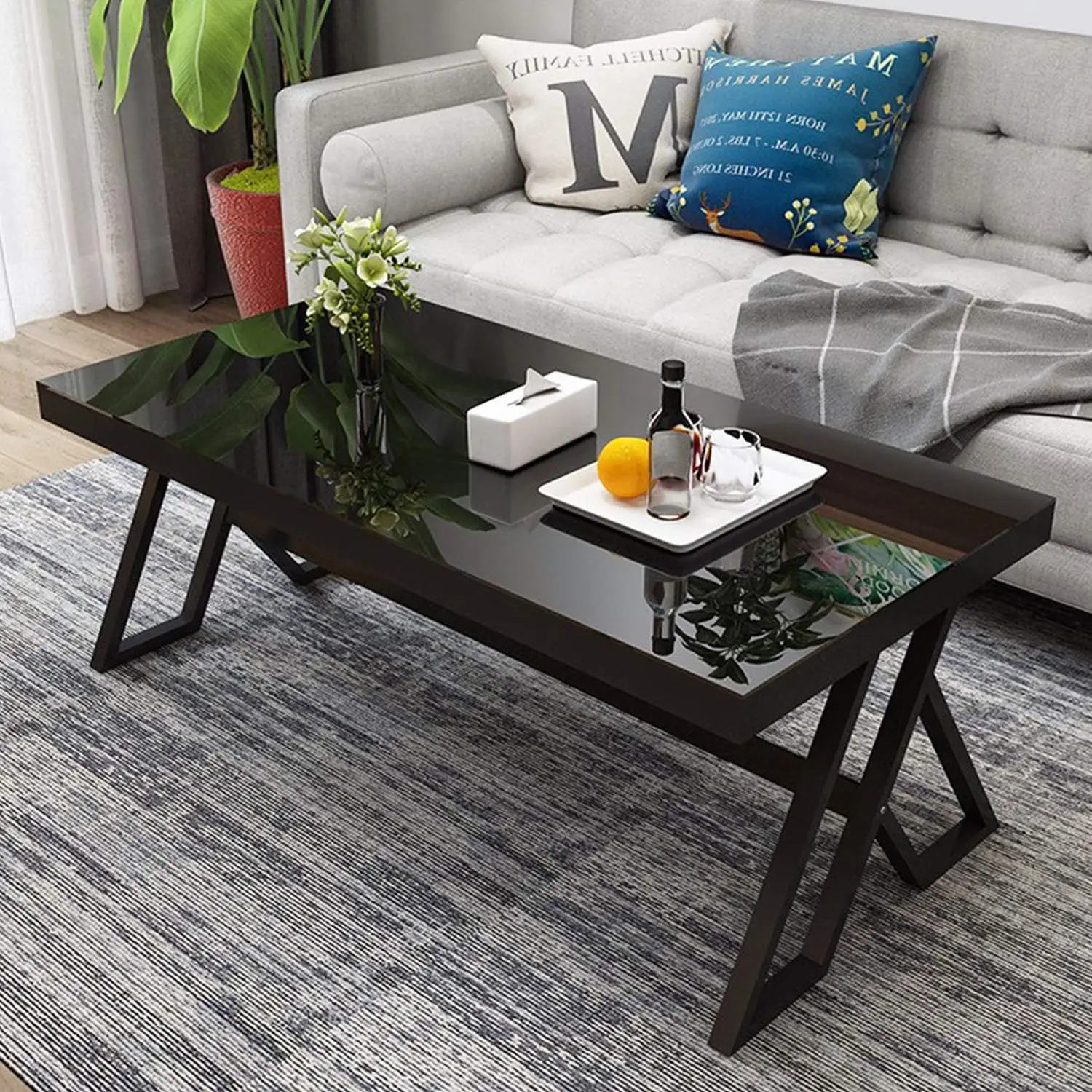 Jerry & Maggie Tempered Glass Tea Table Coffee Table Cocktail Desk Table - Modern Steel Triangular Legs Living Room Desk Decor