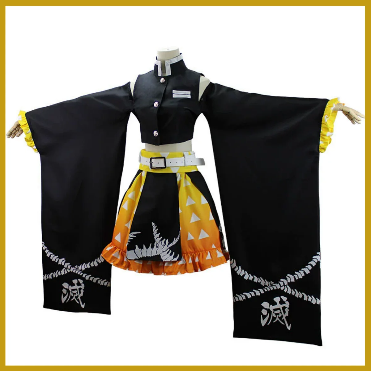 Anime Agatsuma Zenitsu Cosplay Costume Sexy Off Shoulder Black Dress Lolita Skirt Wig Man Woman Kawaii Halloween Party Suit view 3