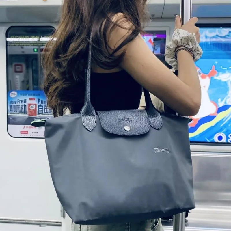 Sac à main hobos pliable en nylon pour femmes, fourre-tout classique pour dames, sacs à bandoulière brodés à poignées courtes et longchamp