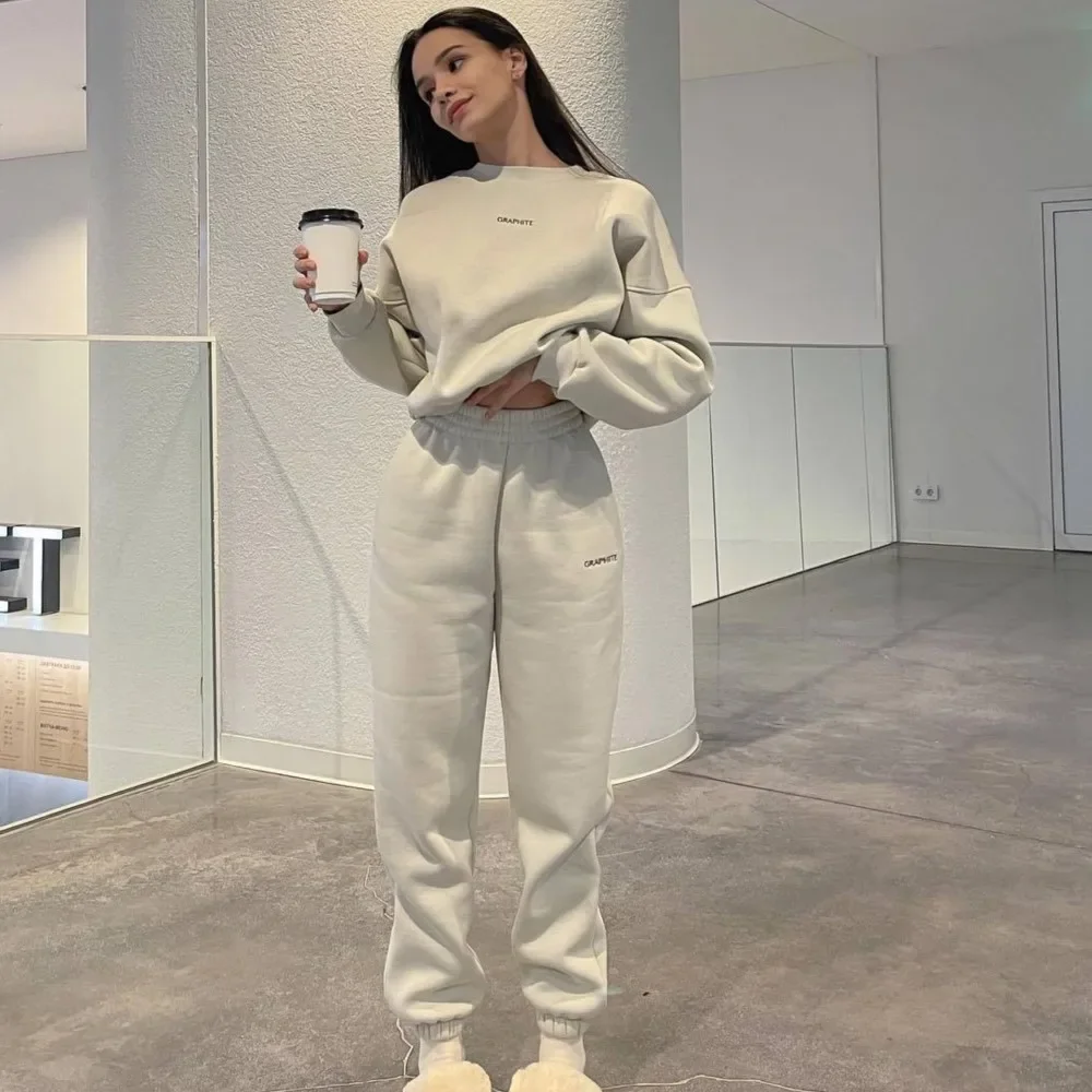

Fashion Women Sport 2-piece Set Casual Long-sleeve O-neck Letter Print Hoodie Pocket Trousers Loose Suit Lady Solid Pants Outfit
