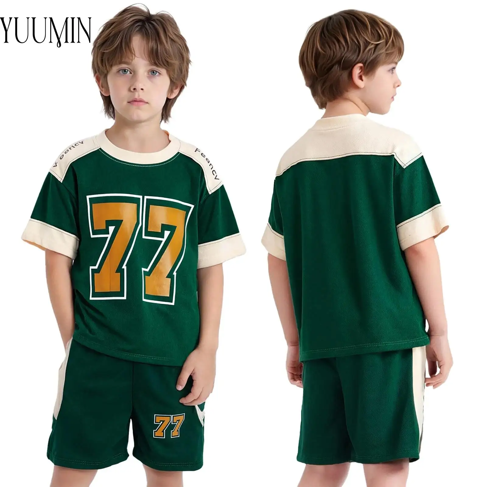 

Unisex Kids Boys Girls Quick-Drying Sports Set Short Sleeve T-shirt with Athletic Shorts for Football Basketball Running Workout
