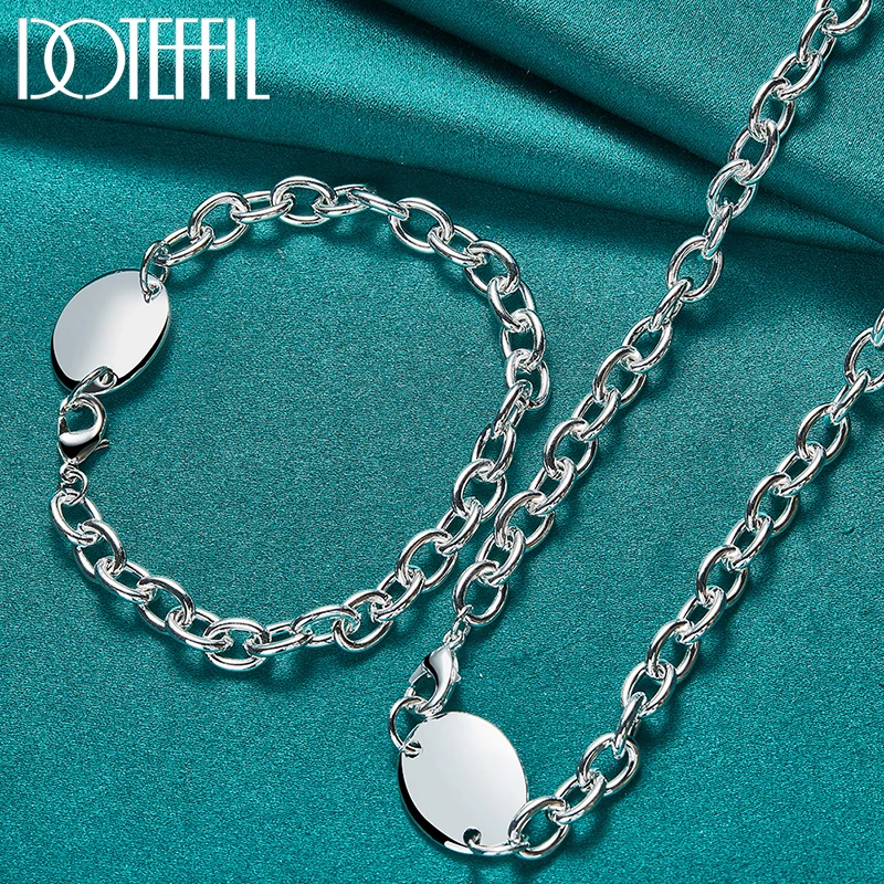 

DOTEFFIL 2pcs 925 Sterling Silver Oval Pendant Necklace Bracelet Set For Women Man Wedding Engagement Party Jewelry