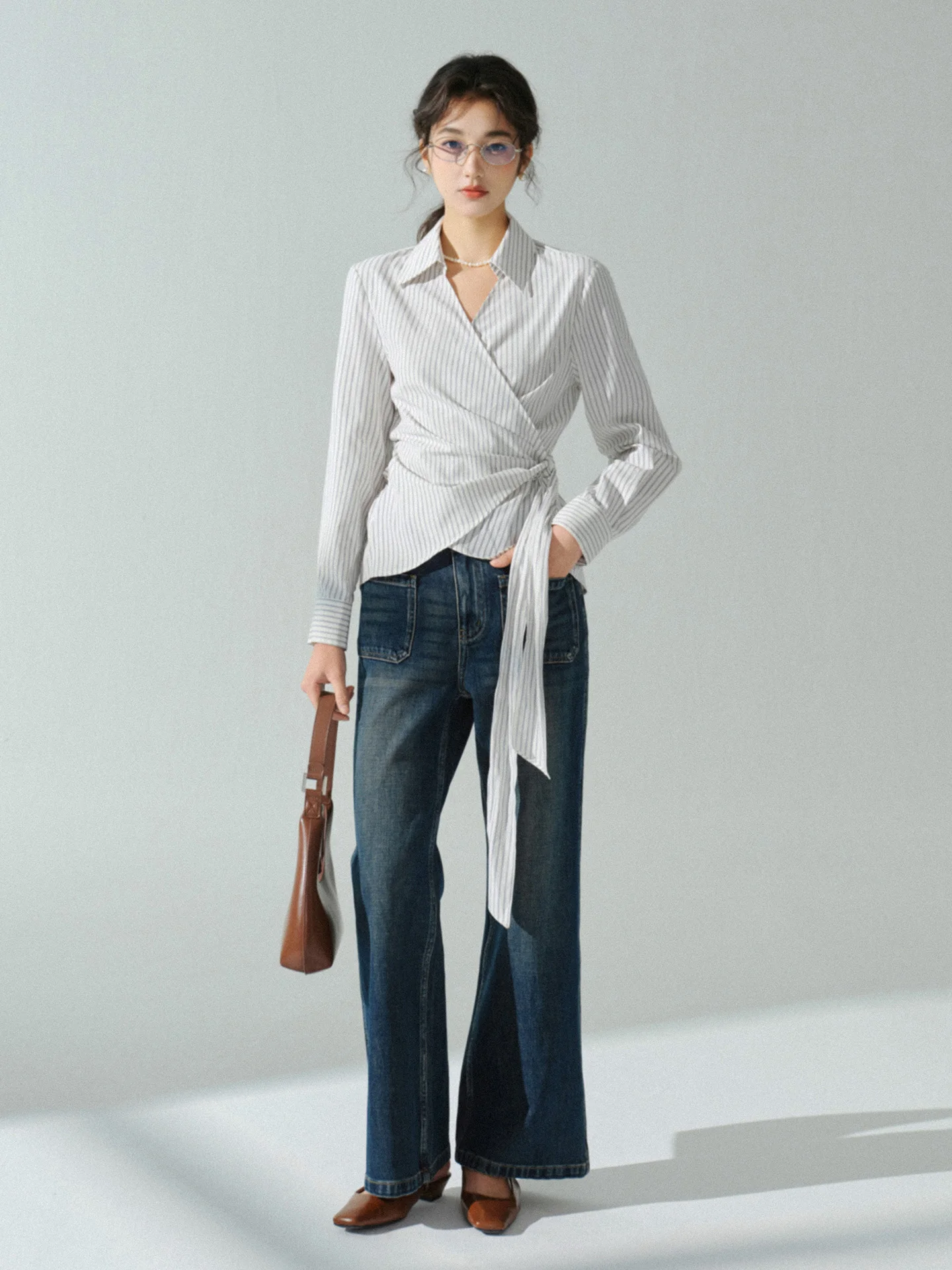 Striped Wrap Shirt Women Long Sleeve Button Down Blouse Slim Fit Waist Tie Top Autumn Office Wear Elegant Lapel Collared Outfit