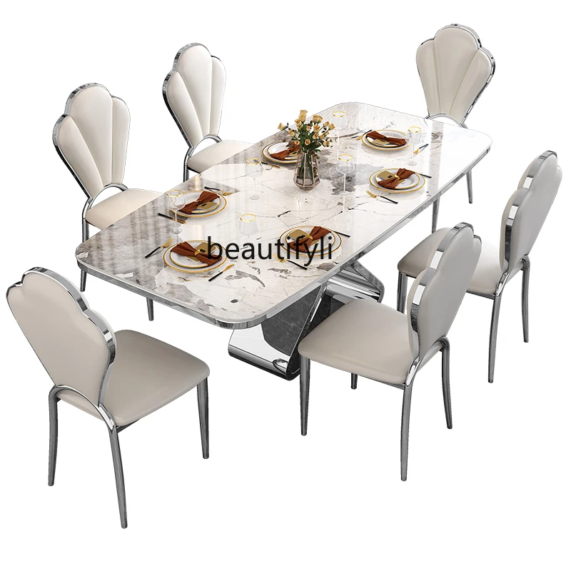 

Italian Stone Plate Dining Tables and Chairs Set Modern Simple Rectangular Small Apartment Home Dining Table Mild Luxury