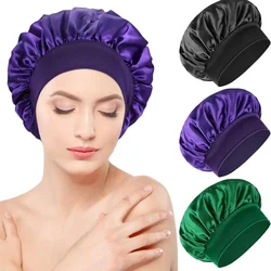 Solid Color Women's Satin Wide-brimmed Sleeping Hat Unisex Silk Imitation Head Wrap Elastic Band Cap Hair Care Bonnet Night Hat