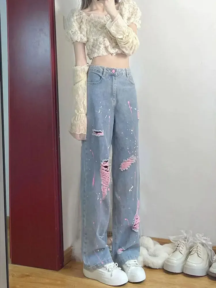 

Woman Ripped Jeans Straight Leg High Waist Shot Loosefit Denim Pants for Women Pant Aesthetic 2025 Quality Teenagers Trousers