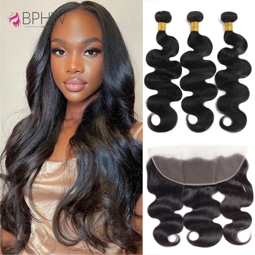 Body Wave 3 Bundles With 13*4 Lace Frontal Hair For Women 100% Human Hair Natural Color Hair Extensions Bundles With Closure 10A