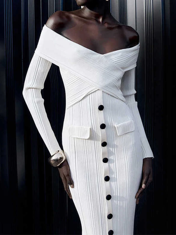One Shoulder Backless Cross Slim Knit Package Hip Long Autumn Fashion Button Decoration Long Sleeve Women\'s Dresses 2024 New