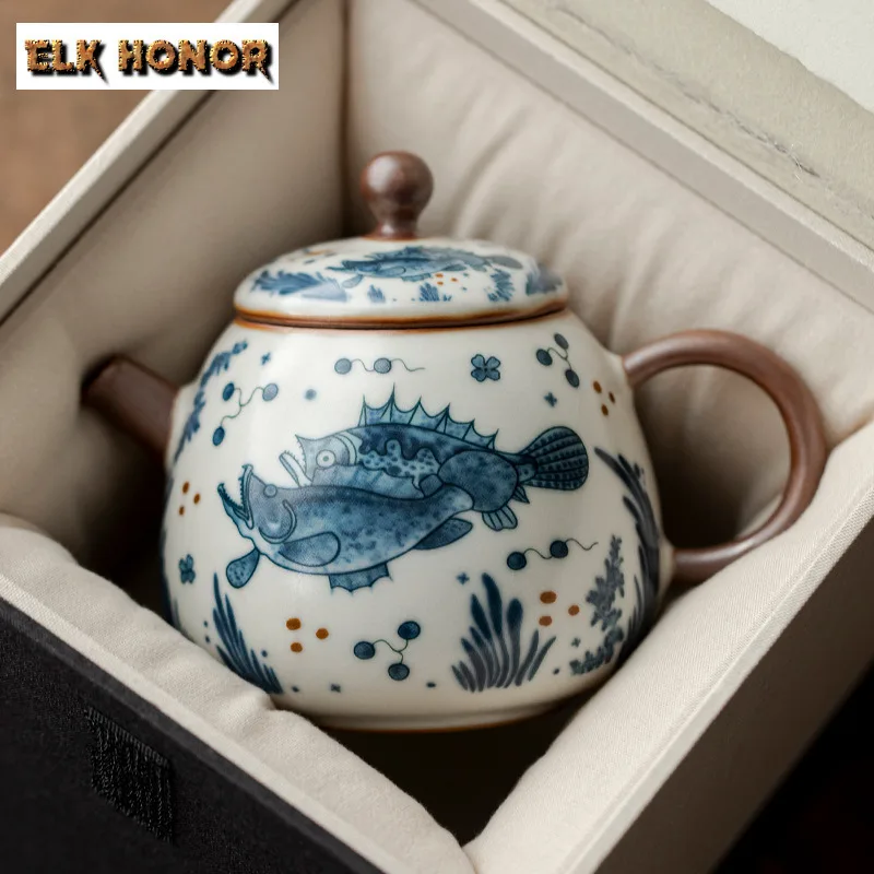 

165ml Ru Kiln Fish and Algae Pattern Teapot Japanese Tea Infuser Pot Household Tea Soaking Kettle with Strainer Cha Decoration
