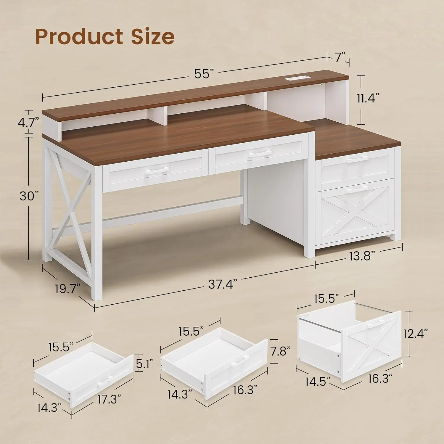 Farmhouse Computer Desk with File Drawer & Printer Cabinet, White Brown, Customized