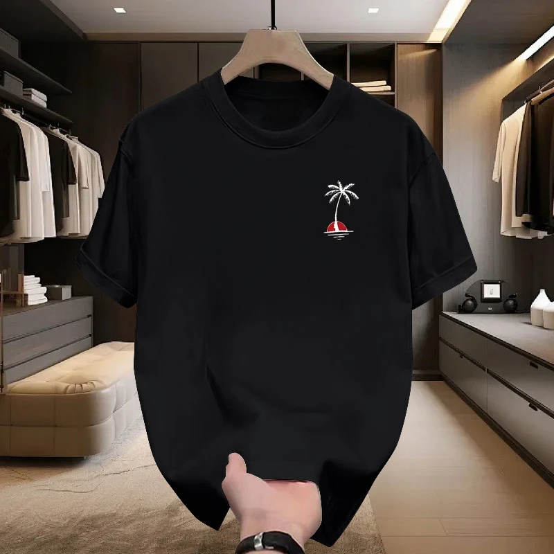 2026Men Women Heather Short Sleeve Tee Minimal Palm Tree Sunset Graphic Print On Chest Loose Fit Everyday Wear Crew Neck T-shirt