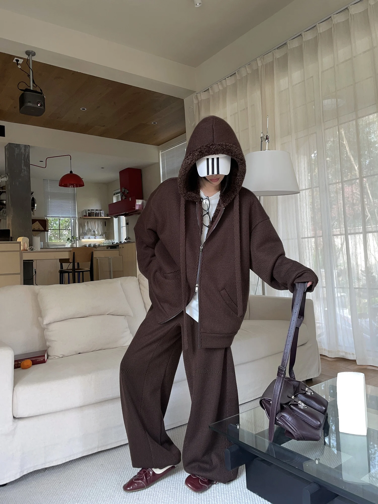 

JCCC adow Thiened Fce Hoodie Jaet Casual Pants Set with Pinecone Velvet Core Long Sve Polyester Zipper for Women