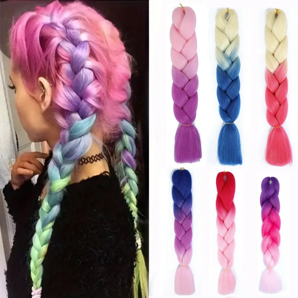 Wig sintetik ekstensi rambut Crochet kepang Jumbo Ombre warna-warni pelangi 1 buah wig sintetis DIY rambut palsu perempuan pesta cosplay Natal