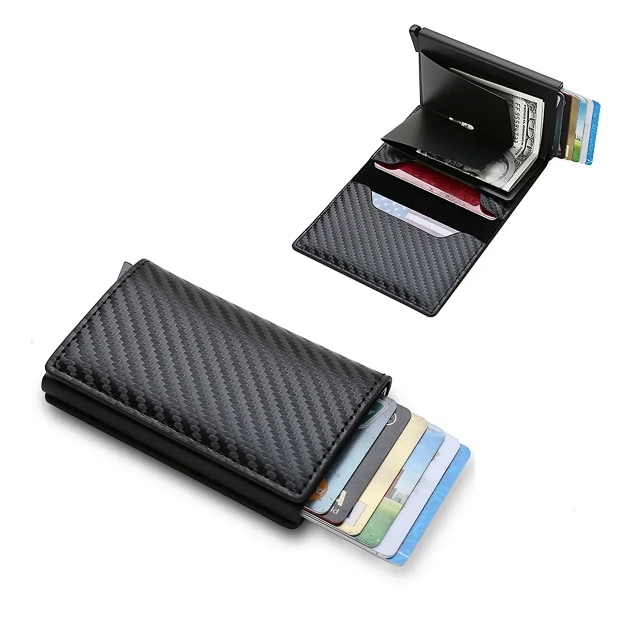 Fashion Carbon Fiber Anti-theft Credit Card Package Metal Cards Box Men Wallet Holder PU Purse