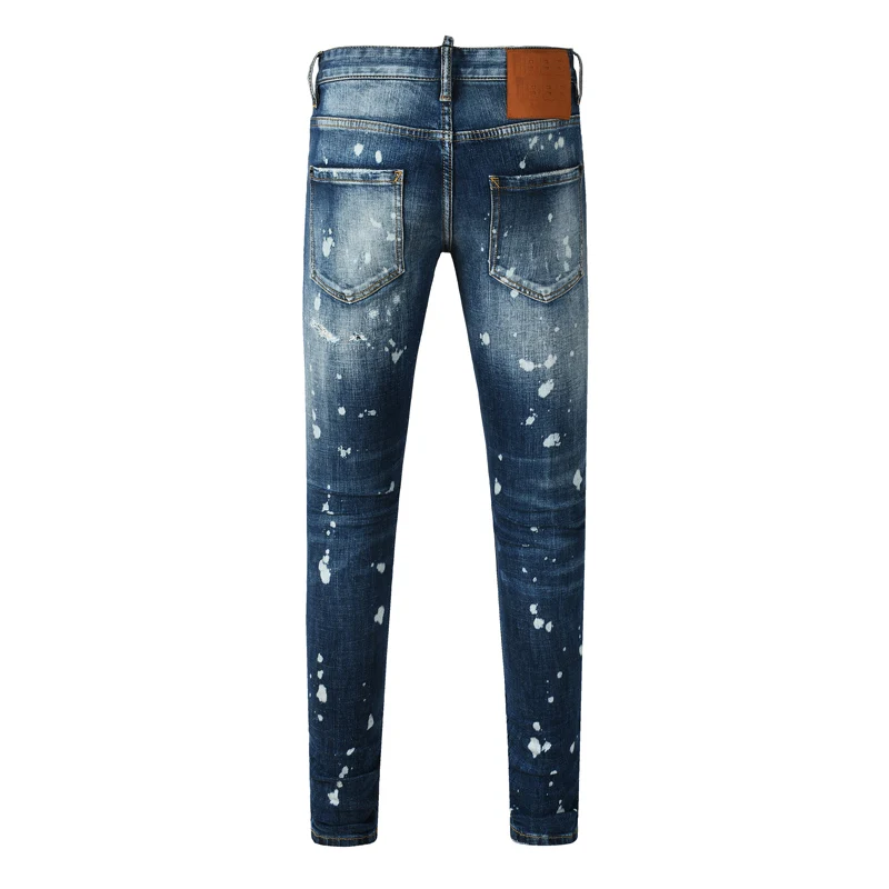 Men's Light Blue Gradient Washed Ripped Skinny Jeans, Paint Splatter Distressed Stretch Slim Fit Denim Pants Streetwear Trousers