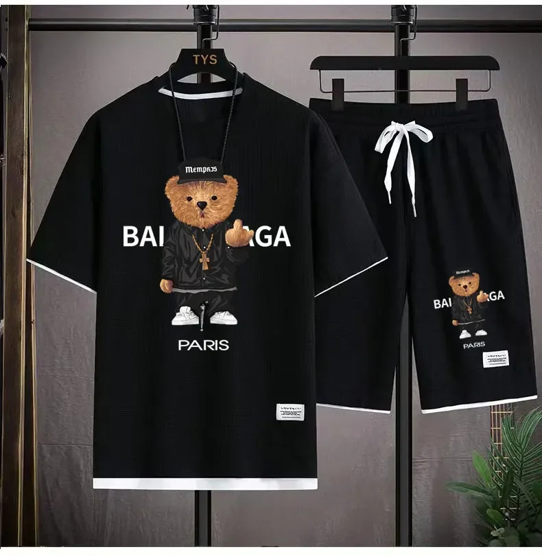 2024 Korean fashion Printed bear T-Shirts Shorts Men\'s Sets Luxury leisure 2 Piece Outfit Streetwear Summer Quality Tracksuit