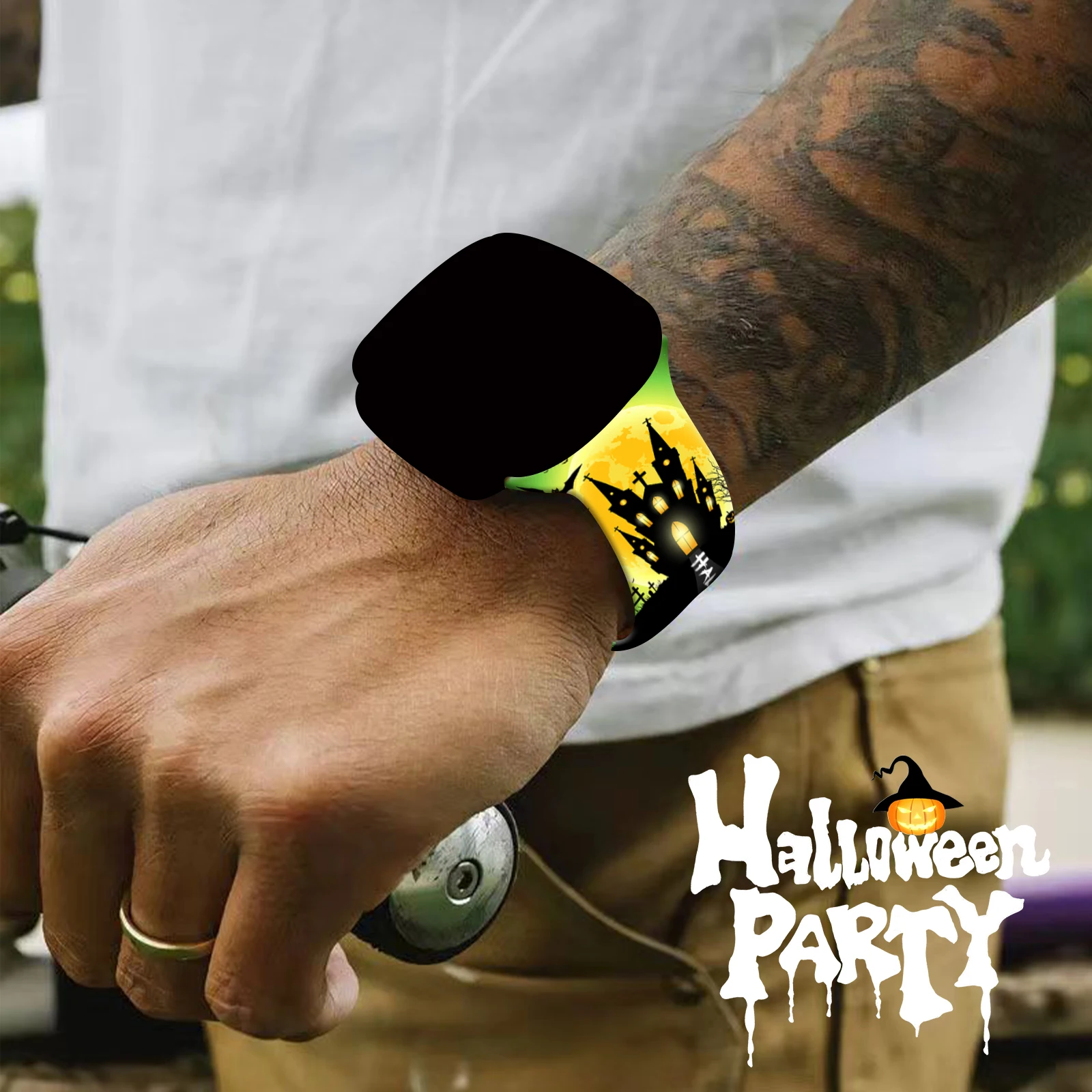 悪魔の城 ハロウィン パターン プリント バンド Apple Watch シリーズ 11/10/9/8/7/SE 用 - ソフト防水シリコンストラップ 45mm 44mm 42mm