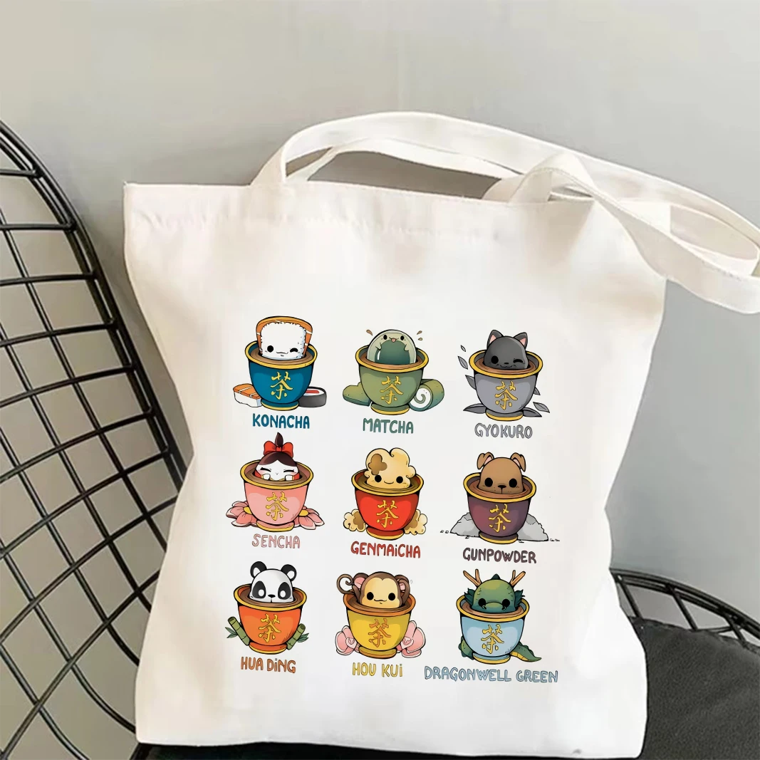 Cute Teacup Animals Canvas Tote Bag Set Women Shoulder Handbag Makeup Bag Large Capacity Shopping Bag Travel Gifts for Women