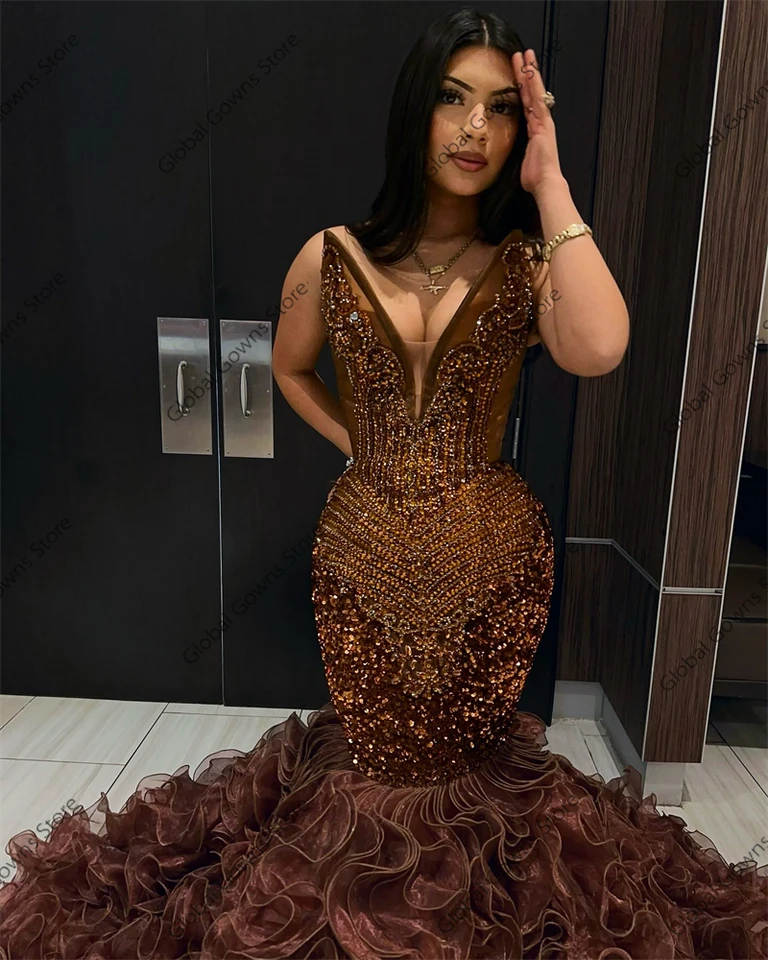 brown mermaid dress Sexy Brown Mermaid Tulle Ruffles Mermaid Court Train Prom Dresses main image 1