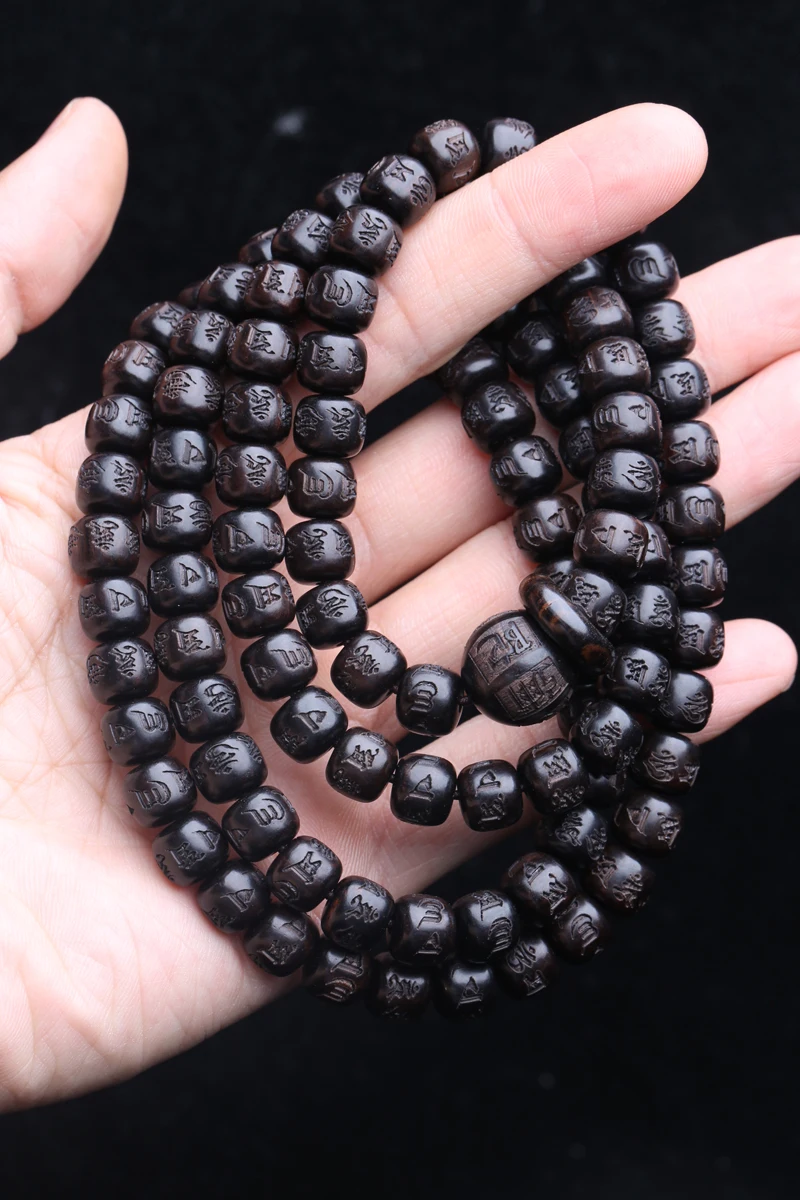 Natürliche Ebenholz tibetisch-buddhistische Gebetsmühle Mantra Perlen 8 mm x 9 mm 108 Perlen MALA Halskette – Detail 5