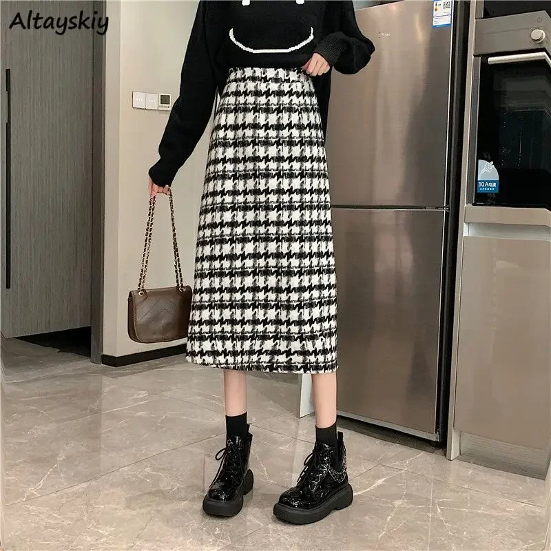 Houndstooth A-line Skirts Women Popular All-match Knitting Streetwear Korean Style High Waist Loose Vintage Casual Back-split