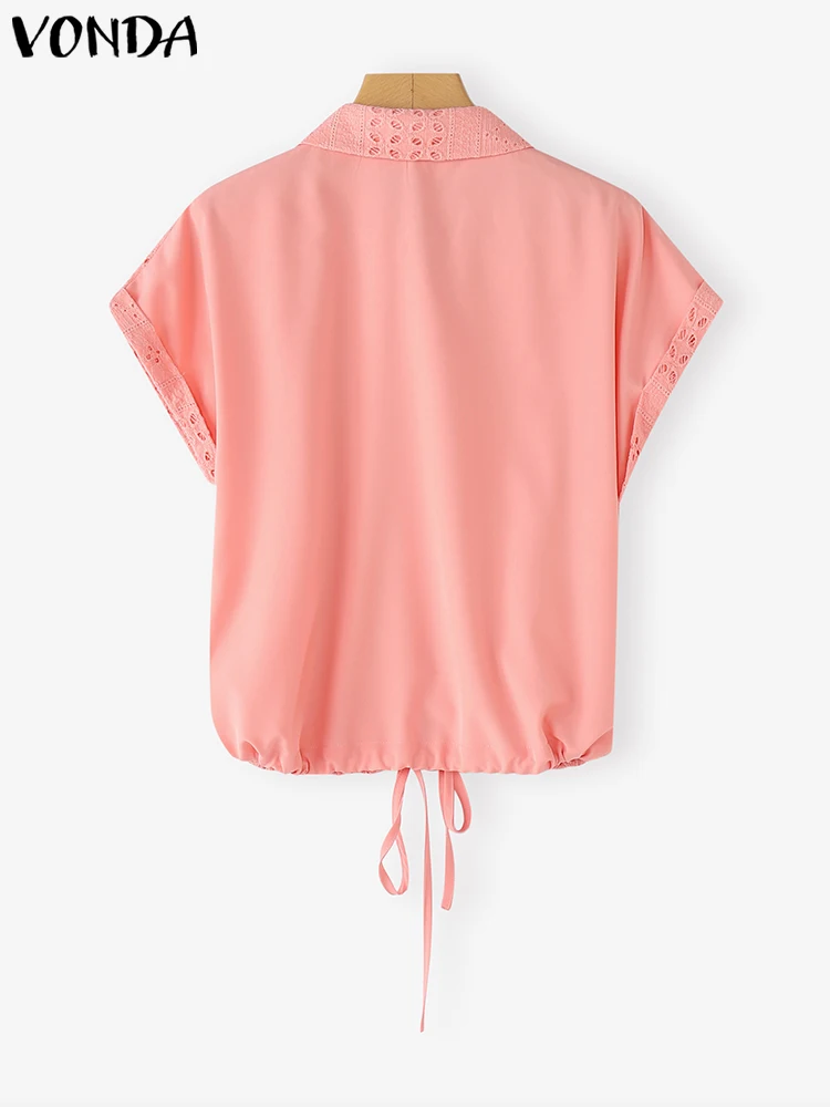 VONDA Fashion Blouse Summer White Shirts 2025 Women Lapel Short Sleeve Lace Elegant Office Lady Tops Casual Loose Blusas Femme