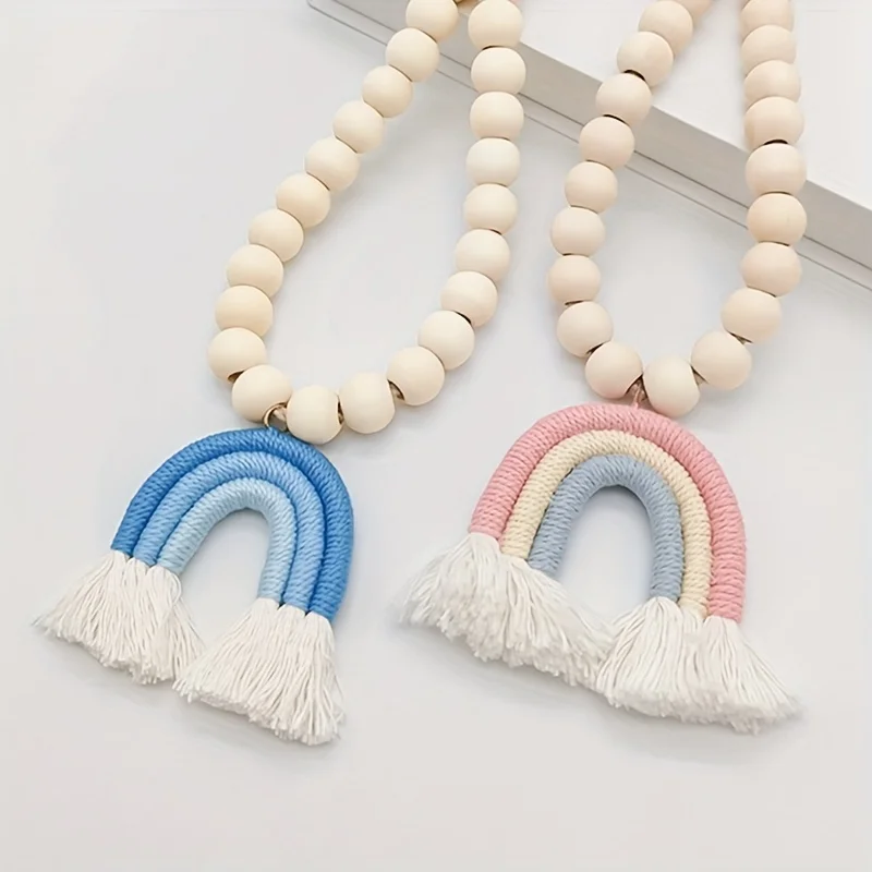 4 Stück/8 Stück böhmischer Stil, dreifache Regenbogen-Quaste, Holzperlen-Vorhang-Raffhalter, Büro-Holzperlen-Vorhang-Verschluss, hängende Dekoration