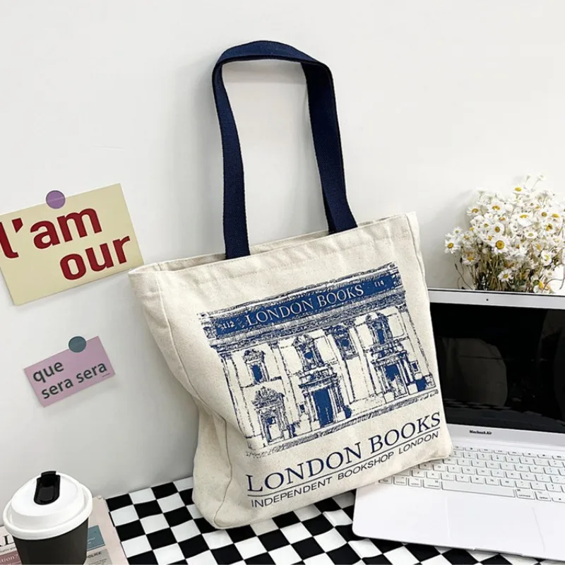 Women Canvas Shoulder Bag London Books Print Ladies Casual Handbag Tote Bag Reusable Large Capacity Cotton Shopping Beach Bag