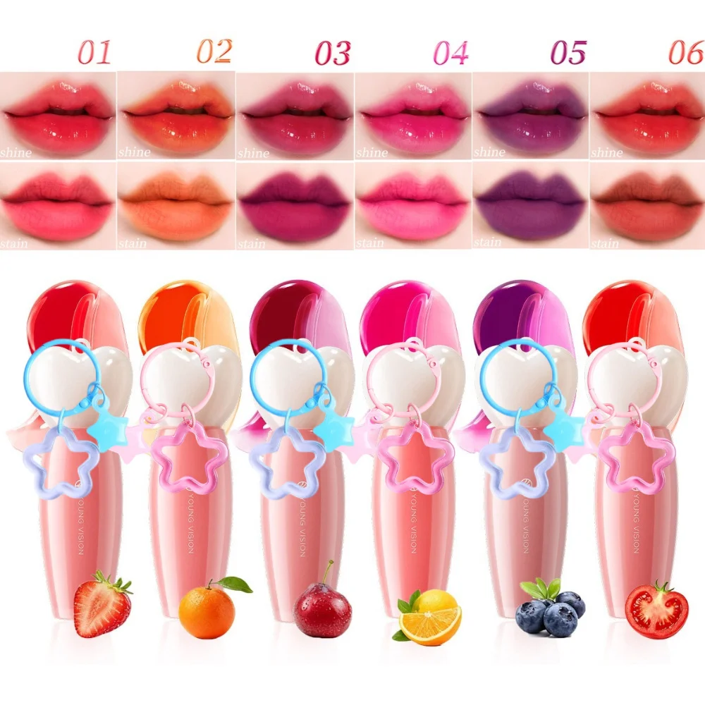 YOUNG VISION 6-Color Fruit Glow Lip Gloss + Star Pendant Moisturizing Waterproof Liquid Lipstick Long-Lasting Color Cosmetics