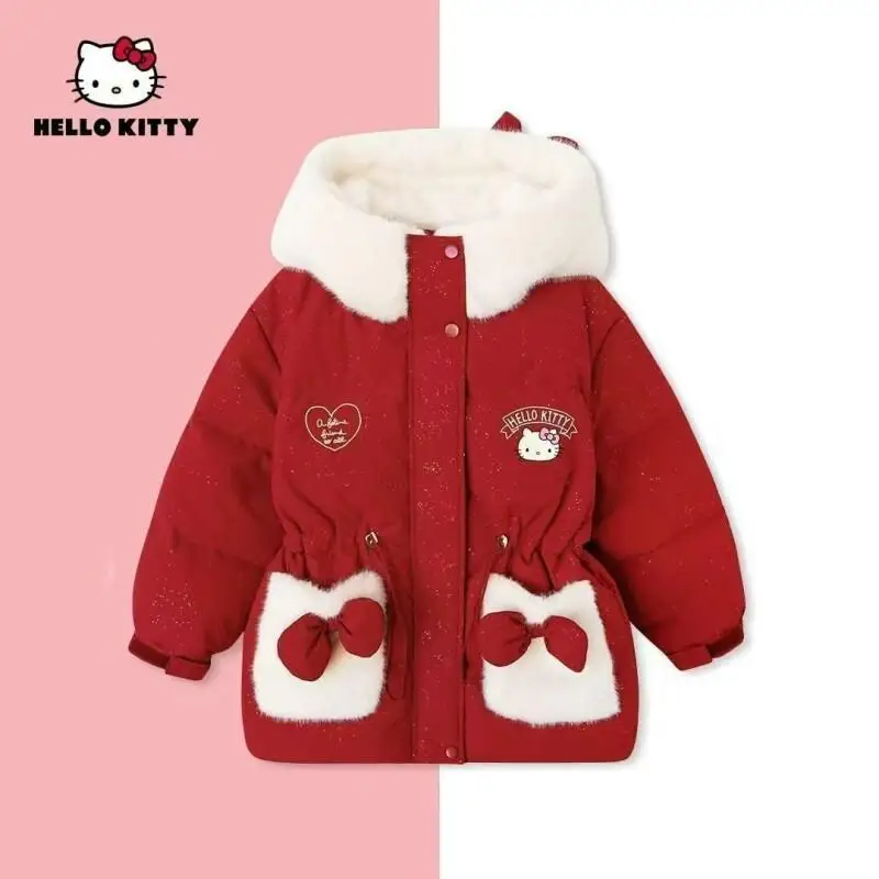 

Праздничная новогодняя одежда Sanrio, стильное красное зимнее хлопковое пальто Hello Kitty для девочек, куртка для девочек 2025 года, детская куртка среднего размера