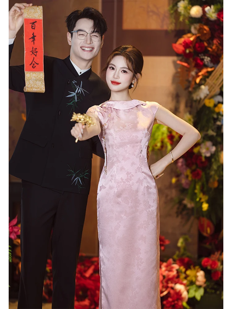 

Элегантное розовое свадебное платье в китайском стиле с коротким рукавом, средней длины, для свадебного приема, для новобрачной, для церемонии...