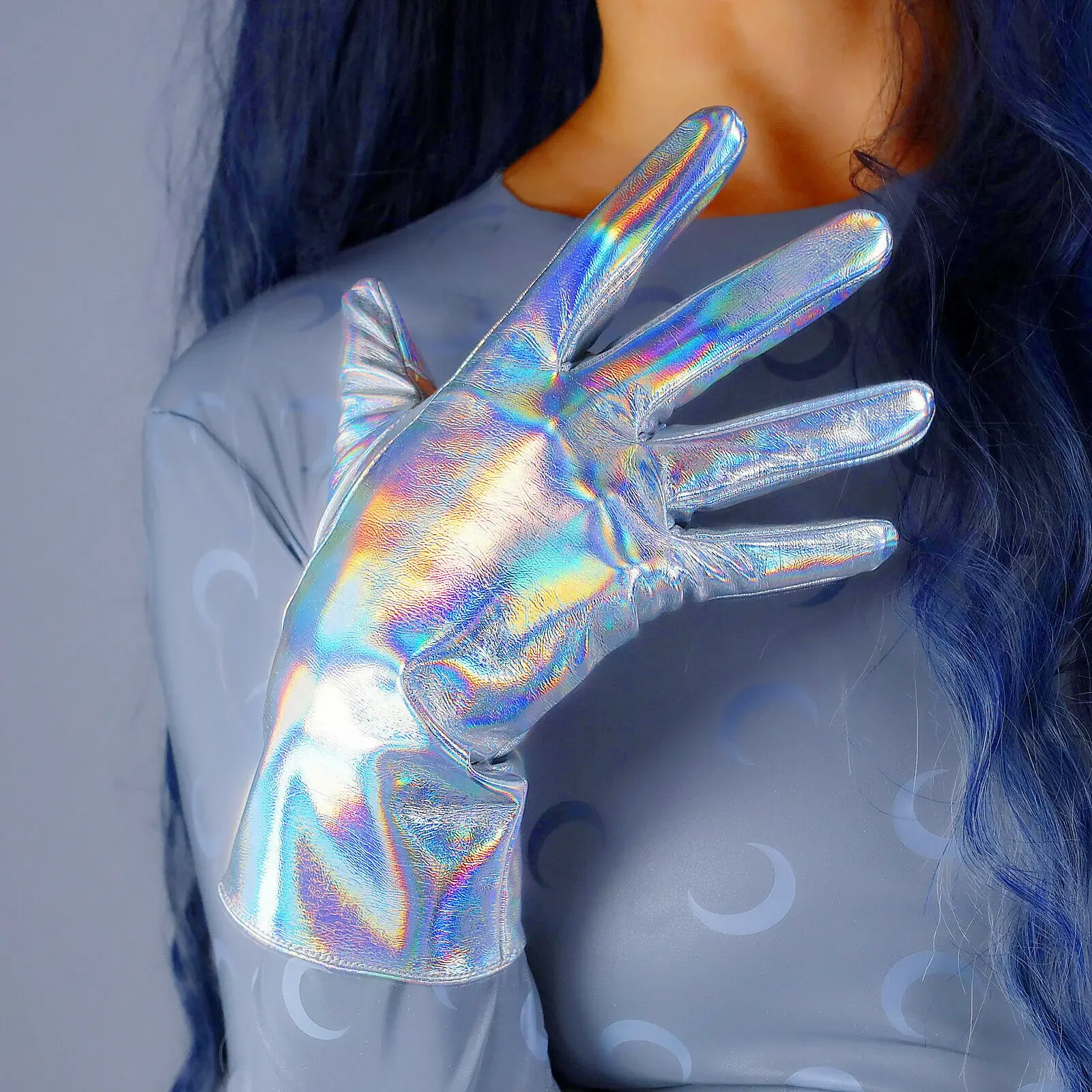 

FASHION GLOVES 28cm Wrist Long Faux Patent Leather LATEX Shine Hologram Silver Cosplay Halloween Custome Party Club Dressing