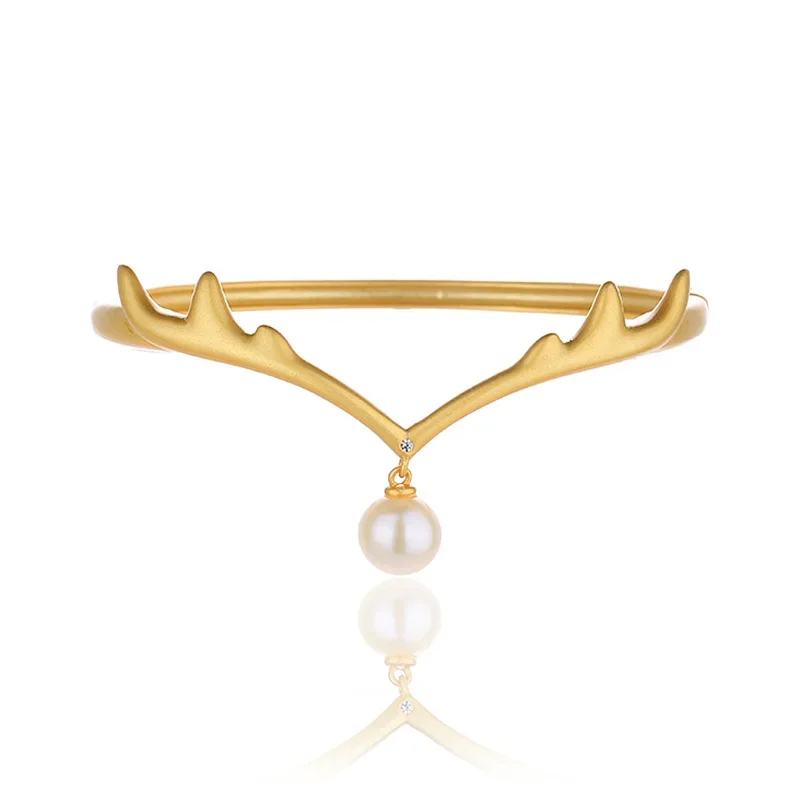 AC 5A Freshwater Pearl 8-8.5mm Accent Antlers Matt Bangle  Solid 925 Silver Chain Bracelet PB1001