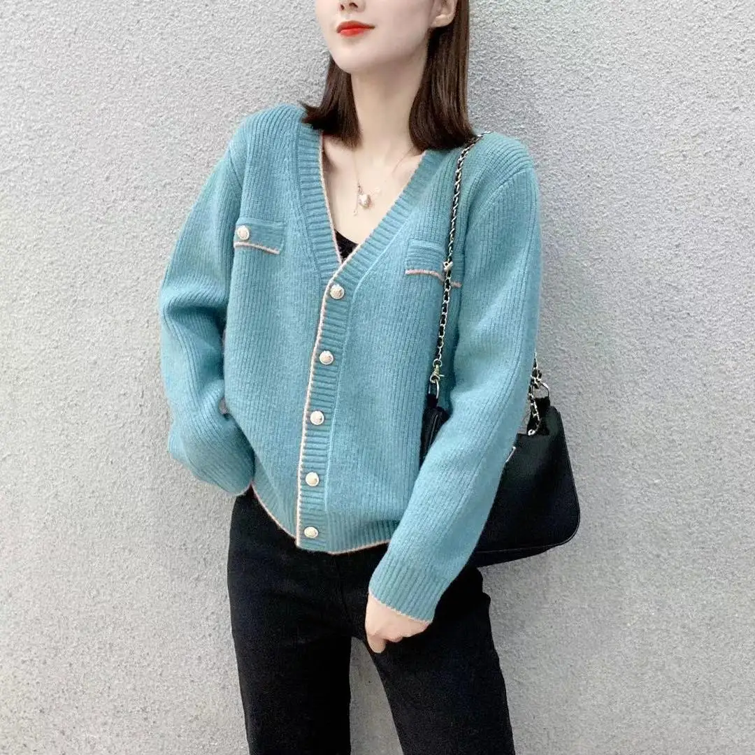 Women\'s Sweater Winter Button Blue V-neck Knit Tops for Woman Cardigan Red New Knitwear Y2k Vintage in Promotion Korean Style