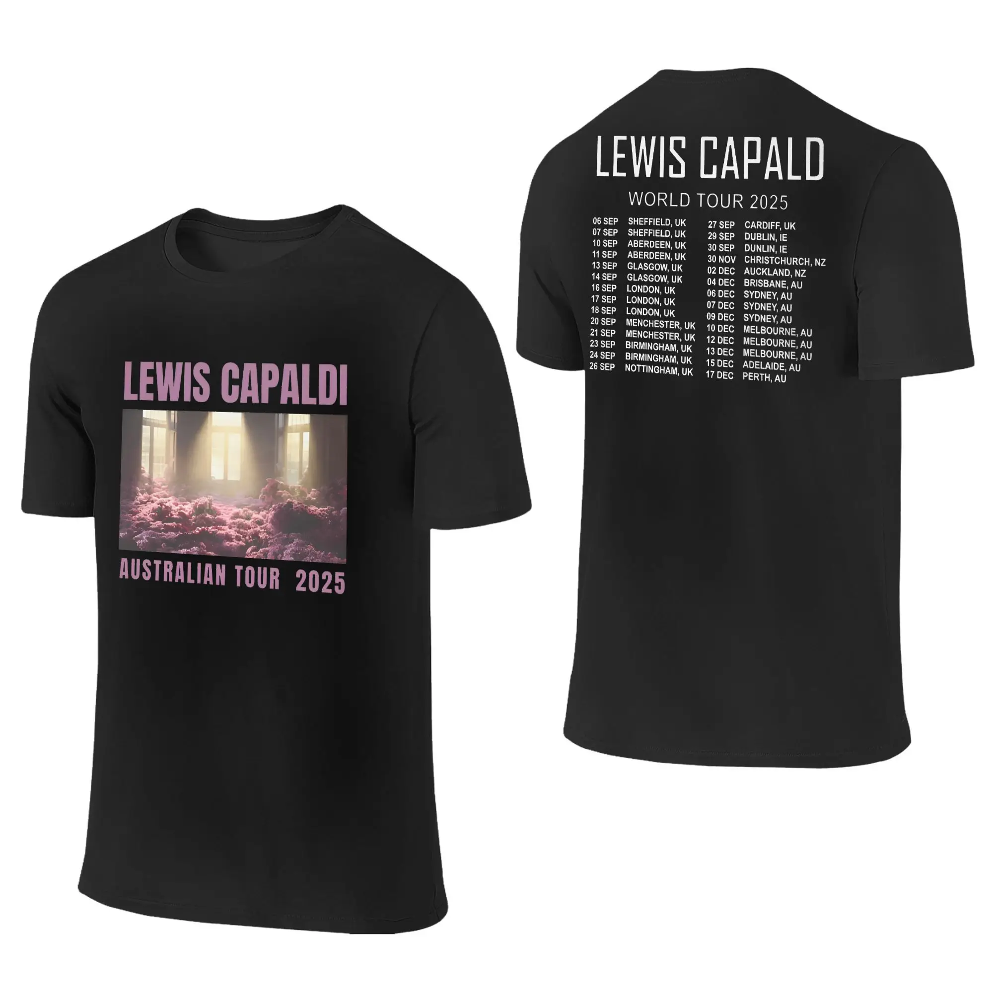 Koszulki męskie z krótkim rękawem, okrągły dekolt, 100% bawełna, z nadrukiem graficznym, z okazji trasy koncertowej Casual Singer Lewis C-Capaldi World Tour 2025.