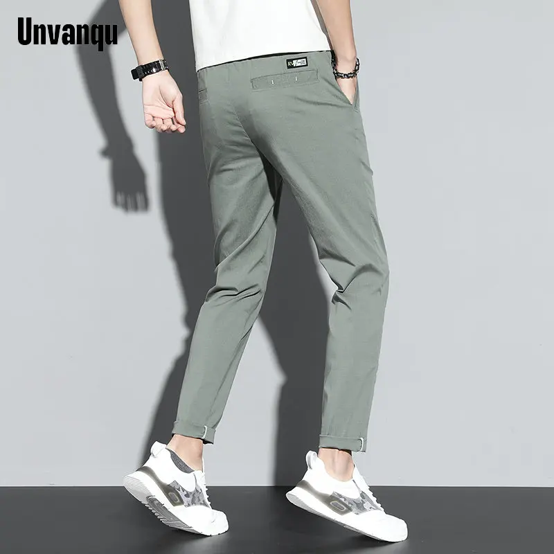 UNVANQU 2023 Chic New Summer Casual Men's Solid Color Business Fashion Slim Fit Stretch Thin Trousers Male Straight Pants Khaki