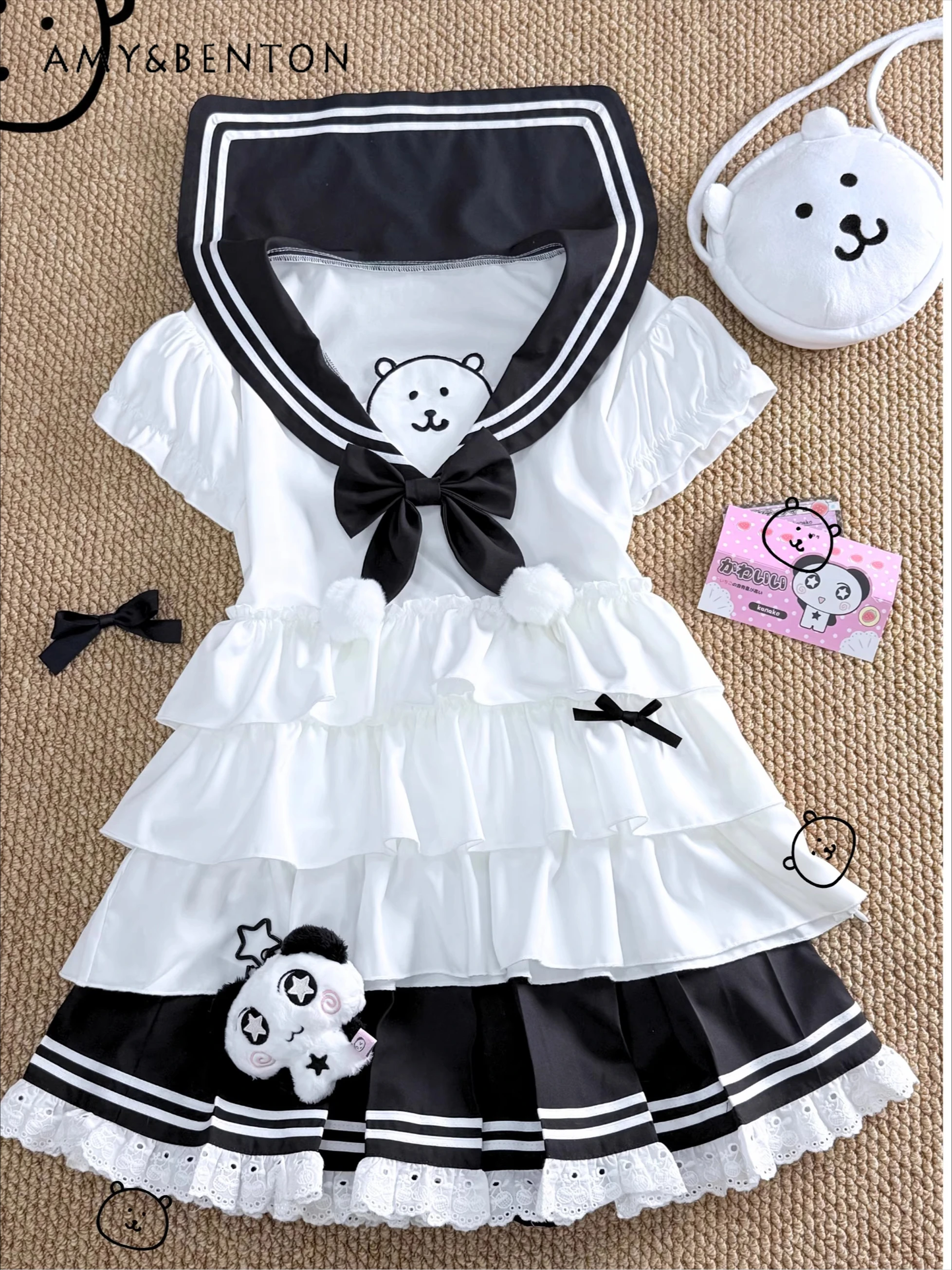 

Sweet Kawaii Cartoon Print Summer Jk Uniform Suit Sweet Girl Navy Collar Puff Sleeve Multi-layer Top Pleated Skirt Two-piece Set