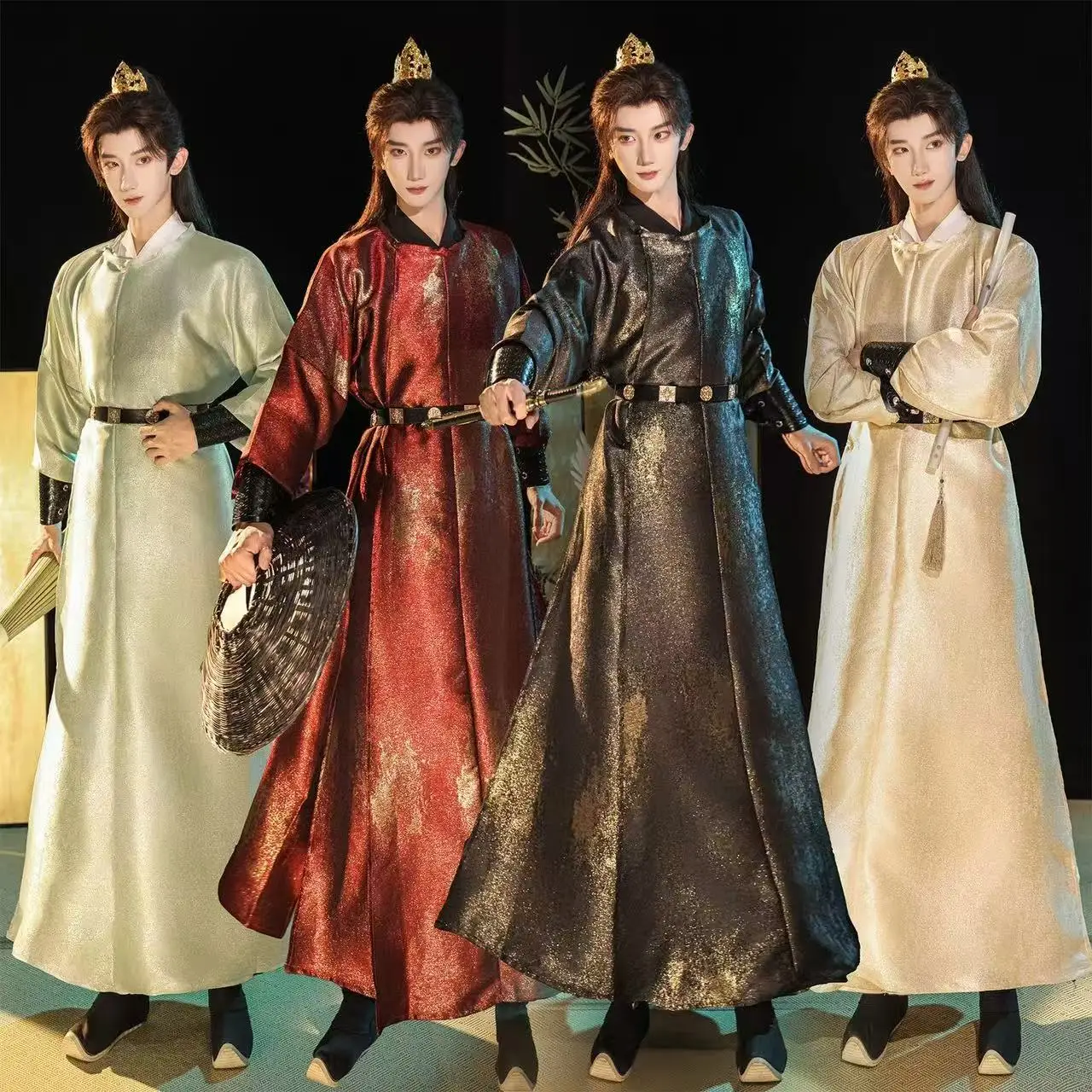 

Оригинальный золотой тканый Hanfu мужской китайский династия Тан тяжелая промышленность халат с круглым вырезом карнавальный костюм королевской гвардии для косплея