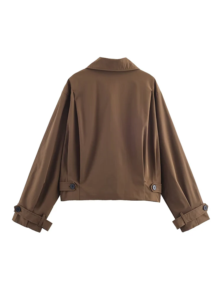سترة نسائية جديدة على الطراز الأوروبي متعددة الاستخدامات ذات لون سادة وطية صدر السترة وقصة مائلة وقصيرة من الرياح