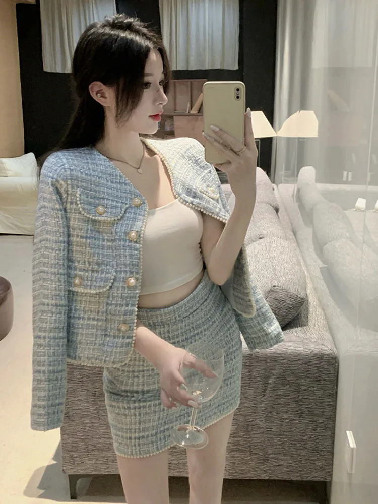 

Autumn 2 Pieces Set Elegant Fashion Vintage Plaid Tweed Long Sleeve Jackets Coat + Irregular A-Line Mini Skirts Suit Spring