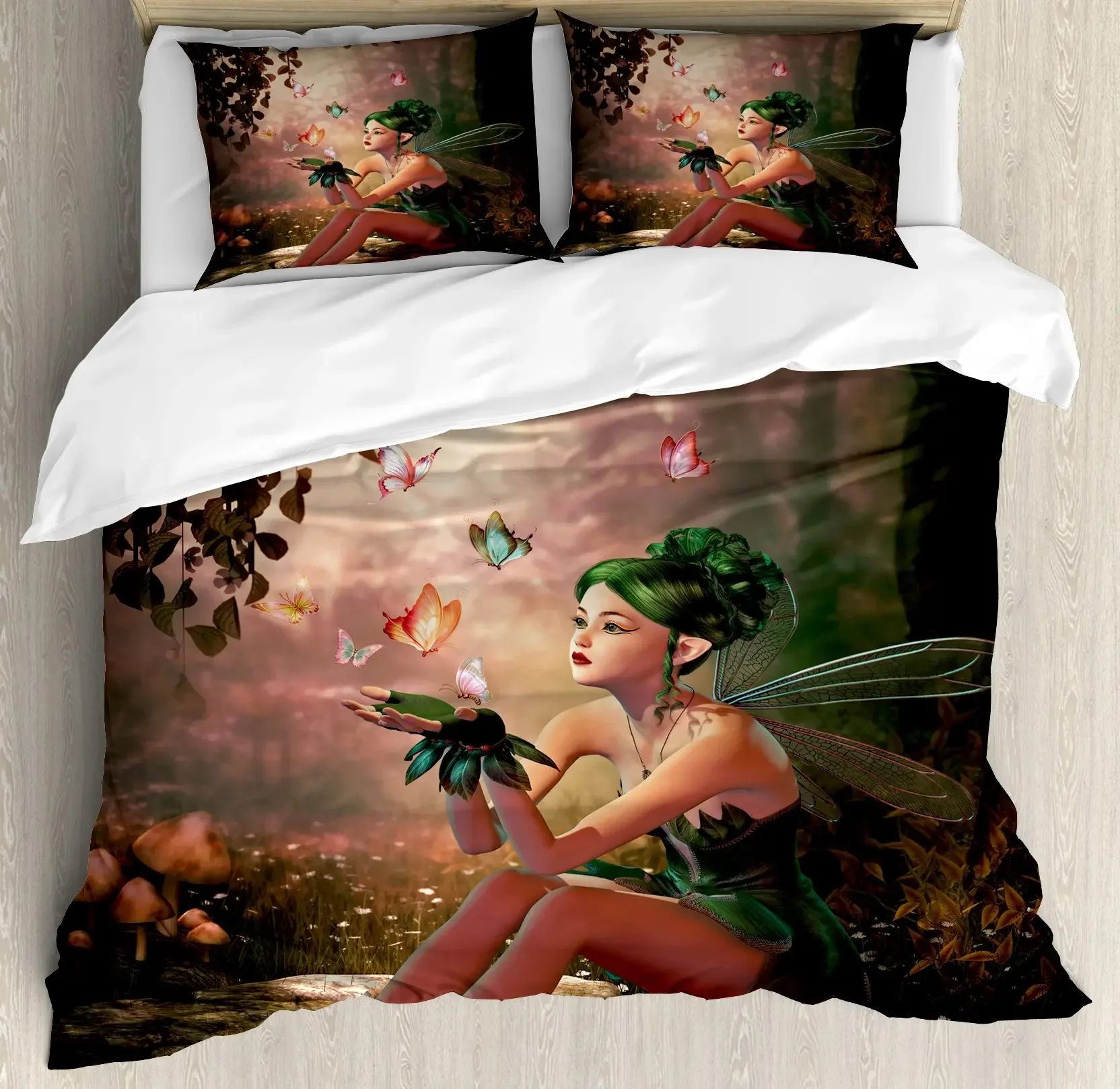 Fantasy Fairy Tale Duvet Cover Set,Girl Wings and Butterflies Little Pixie Elf Forest Bedding Set Woodland Comforter Cover Queen