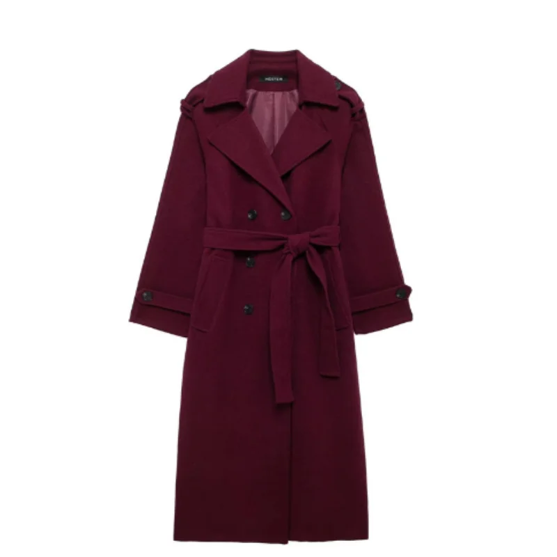 

Winter women's 2024 new wool double breasted trench coat Vintage belt long classic women's top
