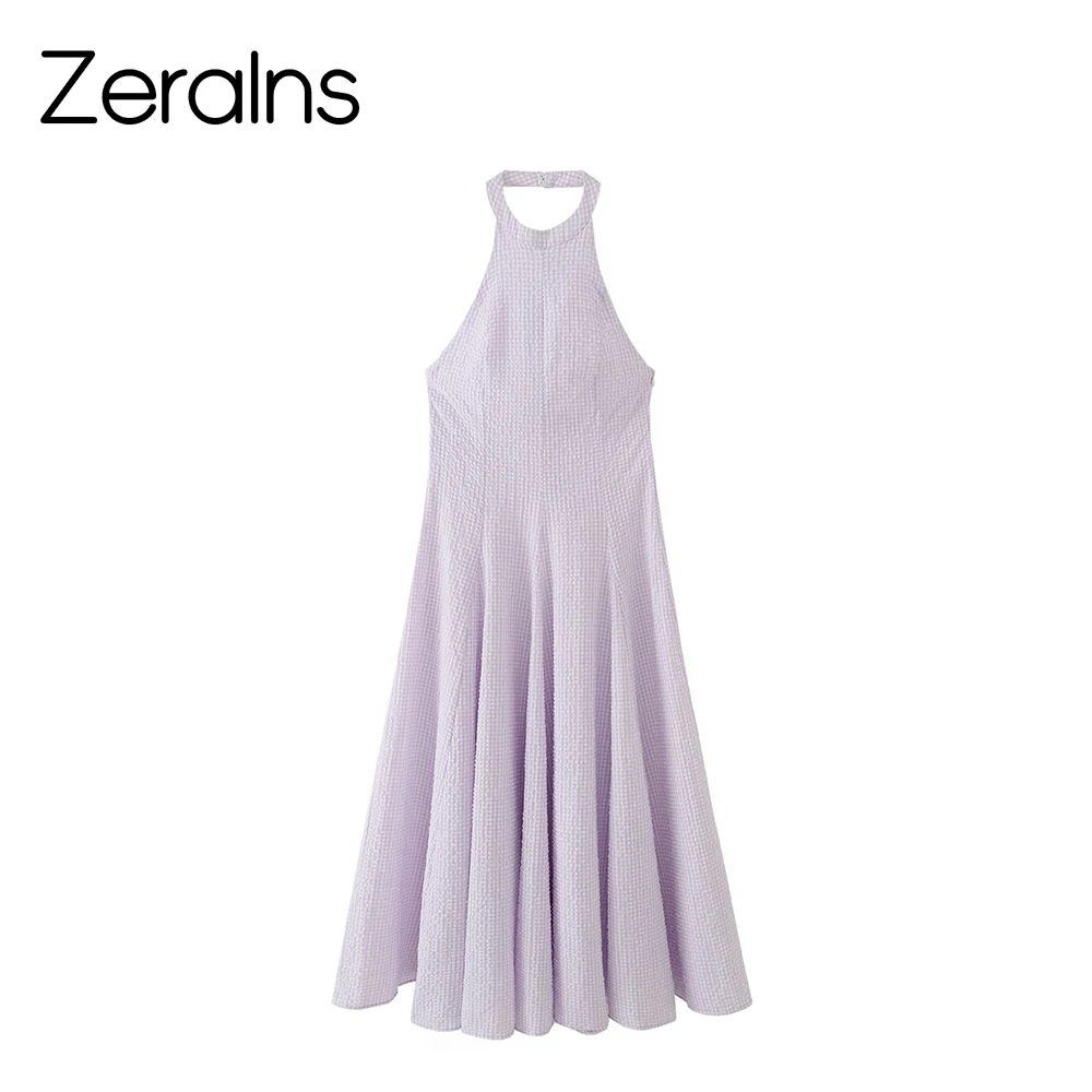 ZERAINS 2026 summer new product French purple hanging neck collar fluffy small plaid dress slim fit long skirt