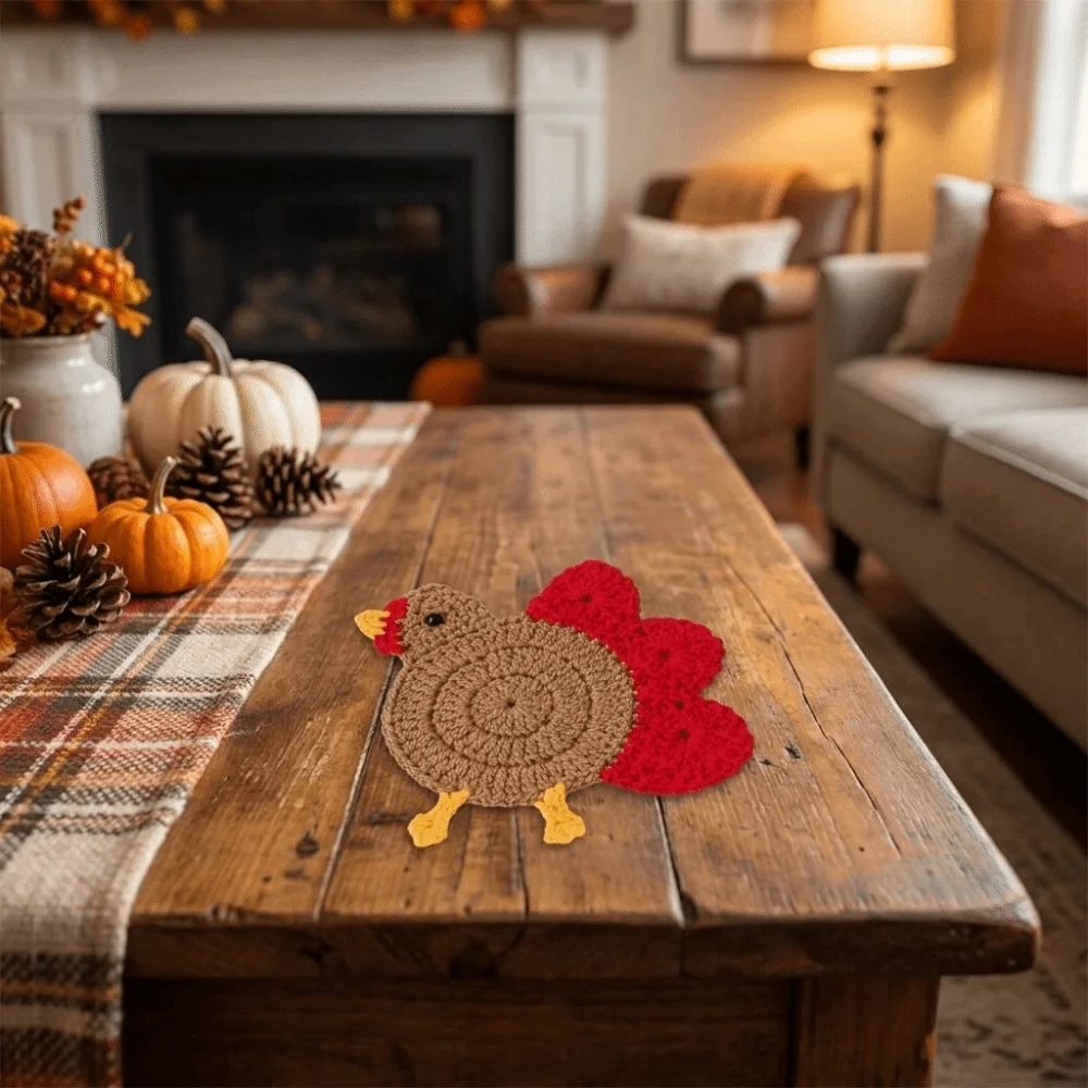 Handmade Hand-Crocheted Turkey Coasters Cartoon Creative Heat Insulation Pads Funny Thanksgiving Turkey Coasters Farmhouse